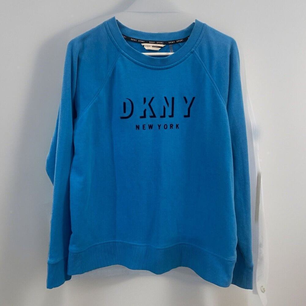 DKNY Blue Crew Neck Pullover Sweatshirt Women’s Medium Flocked Logo